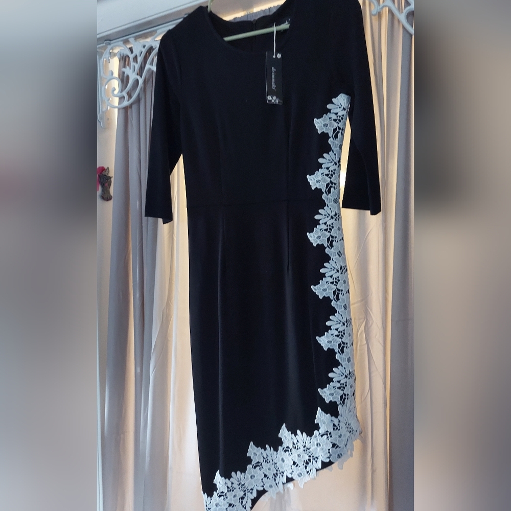 NWT Side Lace Detail Black Asymmetrical Hem Dress Size Small